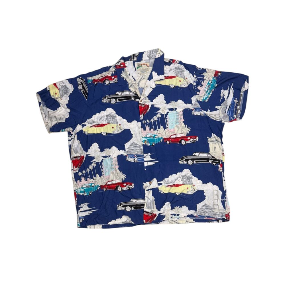 Paradise Found 3XL Blue Hawaiian Shirt Hawaii made GM Classic Car Print Aloha